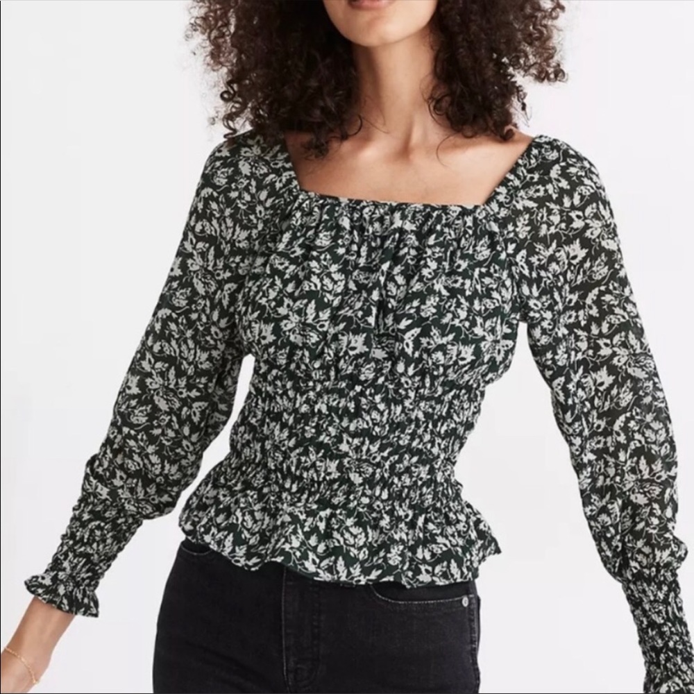 Madewell Georgette Square-Neck Smock-Waist Top in Forest Leaves